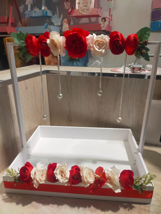 Handmade Floral Hanging Gift Basket Box Red White Roses Decorative Gift Tray