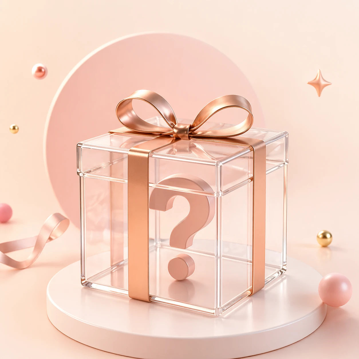 Acrylic gift box with gold ribbon, question mark, and elegant decorative packaging.