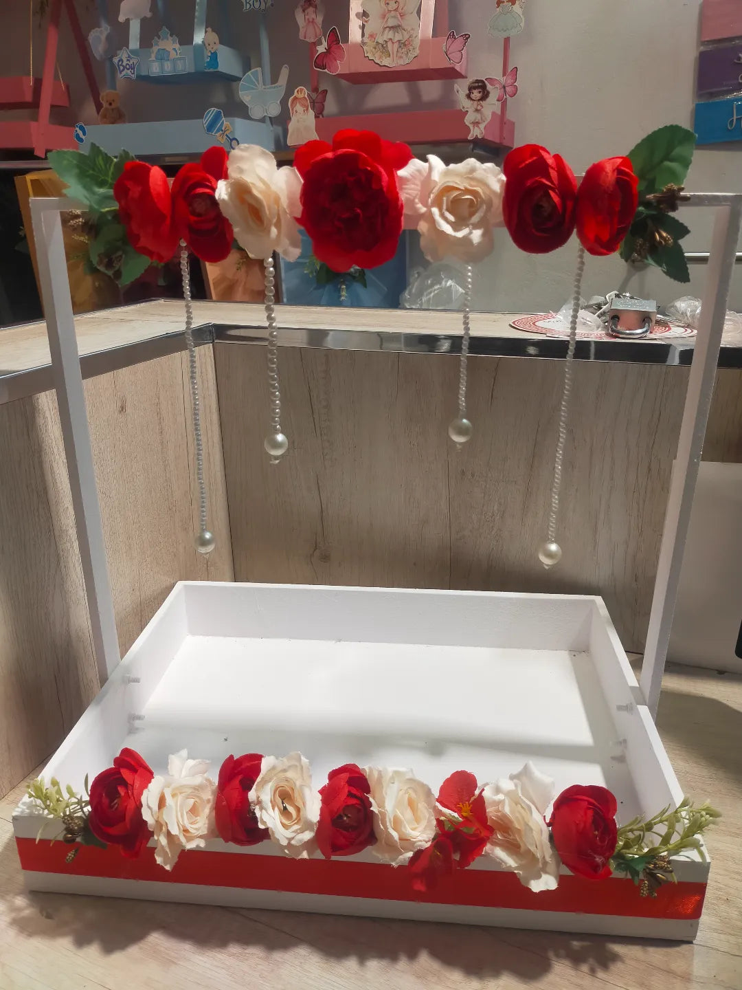 Handmade Floral Hanging Gift Basket Box Red White Roses Decorative Gift Tray