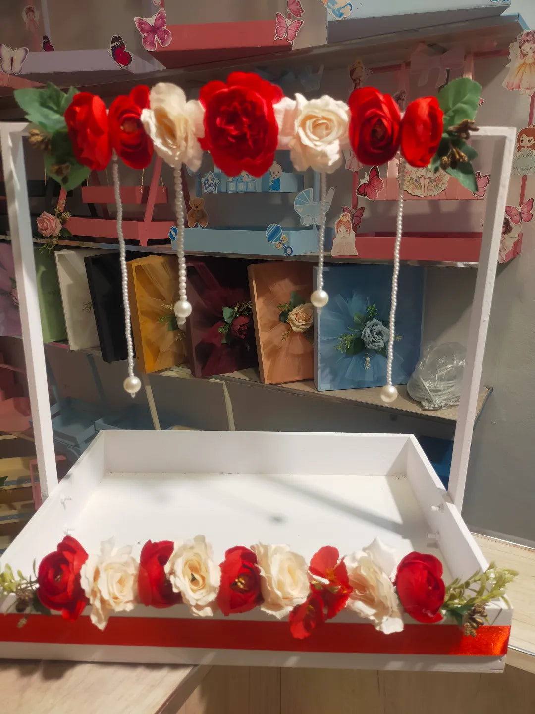 Handmade Floral Hanging Gift Basket Box Red White Roses Decorative Gift Tray